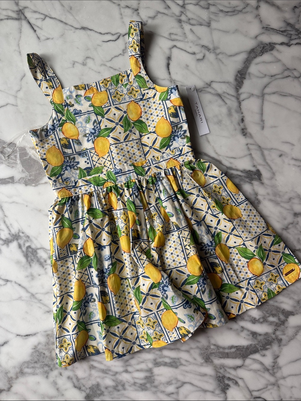 Tahari NWT Girls Lemon Tile Print Romper - Yellow, Blue & Green Size 7